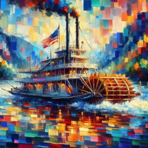 abstract painting of a 19th-century American steamboat with paddle wheels, featuring vibrant colors and dynamic strokes