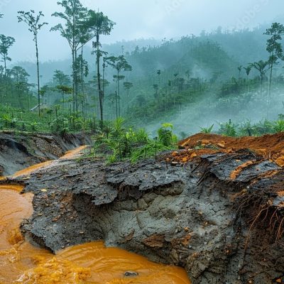 Severe Erosion And Muddy Runoff Following Heavy Rain On A Recently Deforested Hillside, Linking Land-Use Mismanagement To Flash Floods.